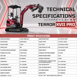 TYPHON TERROR XVII PRO 3800 lbs Mini Excavator Kubota Diesel, Hydraulic Thumb, Dozer Blade & Boom… – product detail image 1