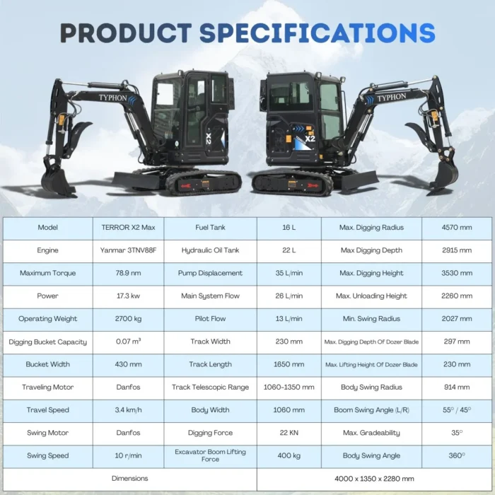 TYPHON TERROR X2 MAX 2.7-Ton Mini Excavator Powerful, Yanmar Engine, Cabin with A/C & Heater… – product detail image 1