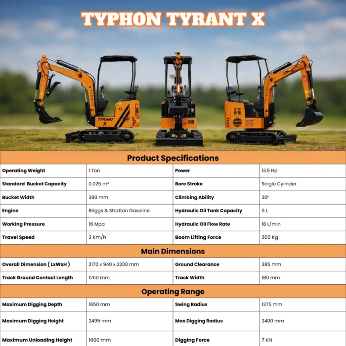 2-119.webp Typhon Tyrant X 1 Ton Mini Excavator with 13.5HP Briggs & Stratton Engine, Hydraulic Oil Cooler &… – product detail image 1