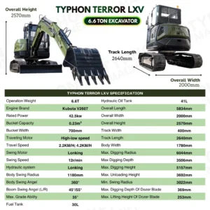 TYPHON TERROR LXV 6.6 Ton Excavator Kubota V2607 56.9HP AC/Heater Cabin Boom Swing – product detail image 1