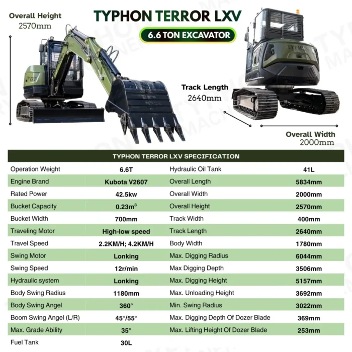 TYPHON TERROR LXV 6.6 Ton Excavator Kubota V2607 56.9HP AC/Heater Cabin Boom Swing – product detail image 1