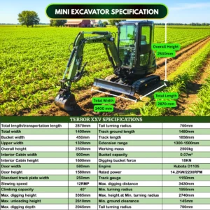 TYPHON TERROR XXV Diesel Mini Excavator 2.7 Ton, 25.1 hp Kubota D1105 RetractableTracks, AC Cabin – product detail image 1