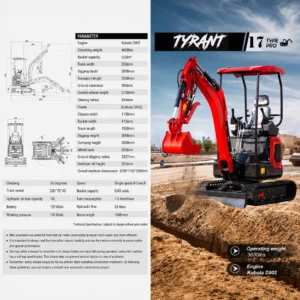 3800lbs TYRANT 17 Diesel Mini Excavator Kubota D902 Engine Side Swing w 12 attachments – product detail image 1