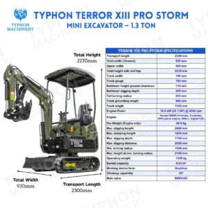 TYPHON TERROR XIII PRO Mini Excavator – 1.3 Ton Trench Digger with Canopy, Hydraulic Thumb Clip… – product detail image 1