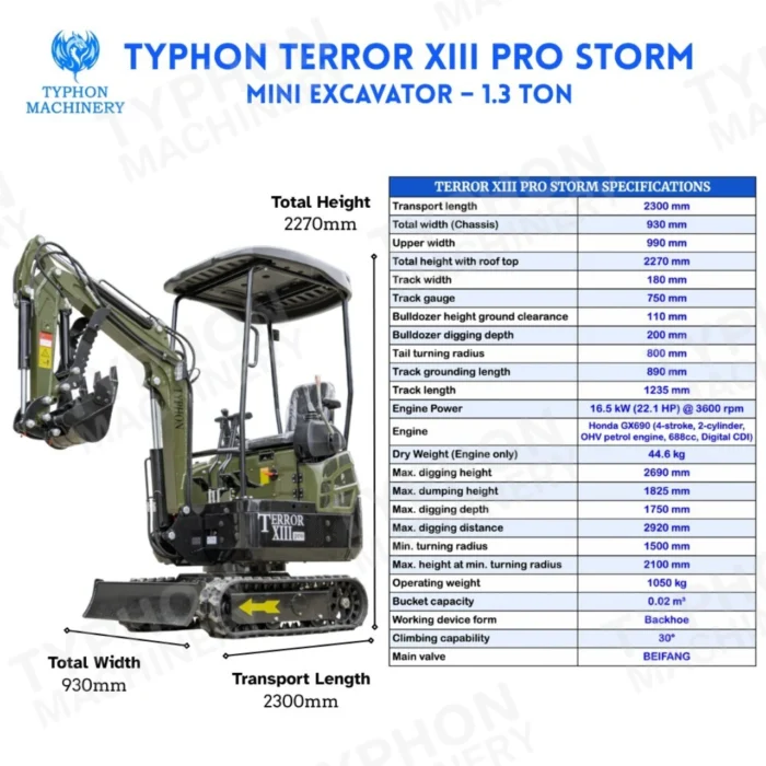 2-128.webp TYPHON TERROR XIII PRO Mini Excavator – 1.3 Ton Trench Digger with Canopy, Hydraulic Thumb Clip… – product detail image 1