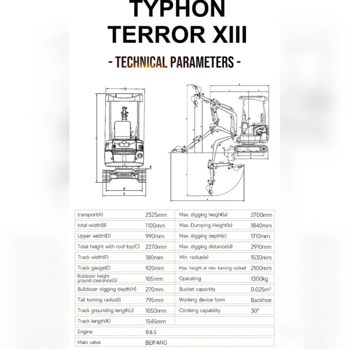 TYPHON TERROR XIII Mini Excavator – 1.3 Ton Trench Digger with Canopy, Hydraulic Thumb Clip… – product detail image 1