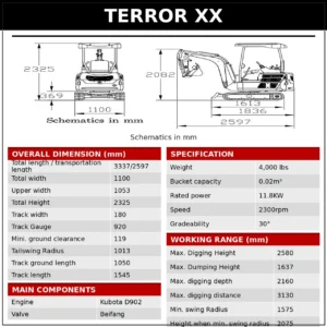 2025 4,000 lb TYPHON TERROR XX Mini Excavator Rubber Track with Kubota D902 Diesel Engine USA – product detail image 1