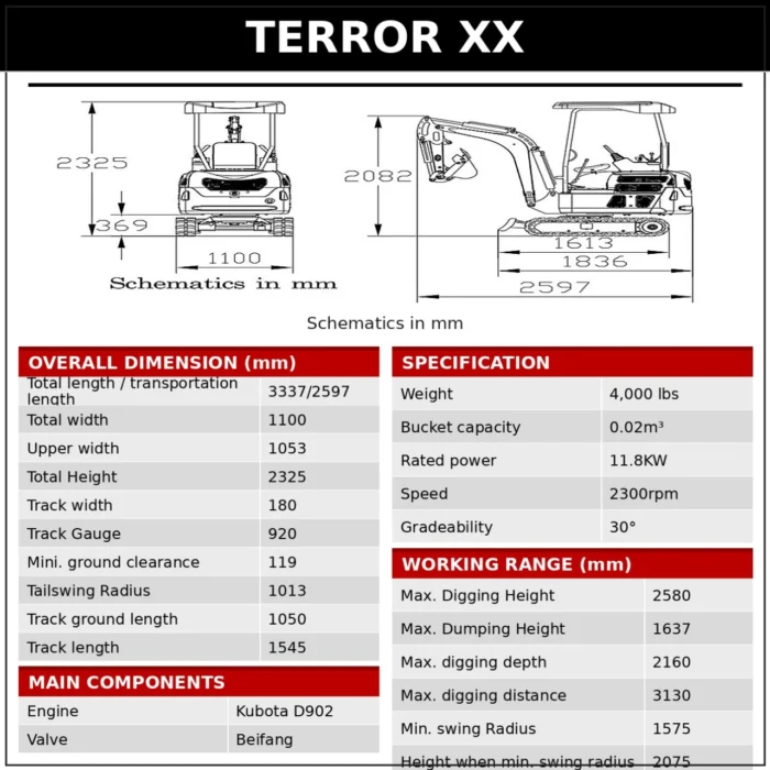 2-135.webp 2025 4,000 lb TYPHON TERROR XX Mini Excavator Rubber Track with Kubota D902 Diesel Engine USA – product detail image 1