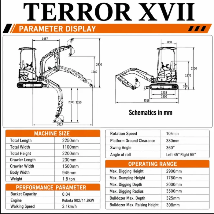 2-137.webp 2025 4,000 lb TYPHON TERROR XVII Cabin Mini Excavator Rubber Track with Kubota D902 Diesel Engine… – product detail image 1