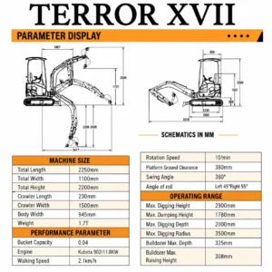 2025 3,800 lb TYPHON TERROR XVII Mini Excavator Rubber Track with Kubota D902 Diesel Engine USA – product detail image 1