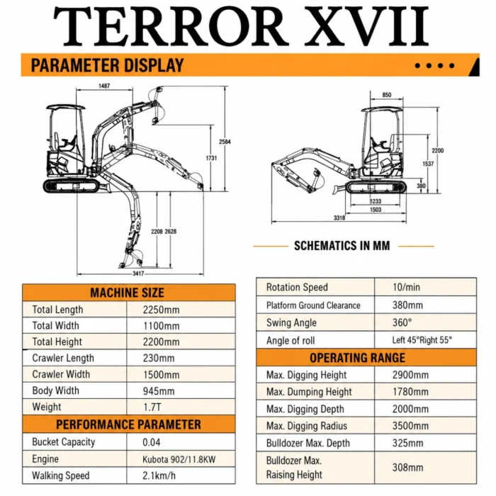 2-138.webp 2025 3,800 lb TYPHON TERROR XVII Mini Excavator Rubber Track with Kubota D902 Diesel Engine USA – product detail image 1