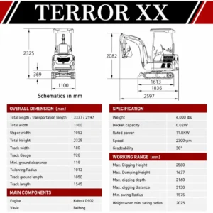 2025 4,000 lb TYPHON TERROR XX Mini Excavator Rubber Track with Kubota D902 Diesel Engine USA – product detail image 1