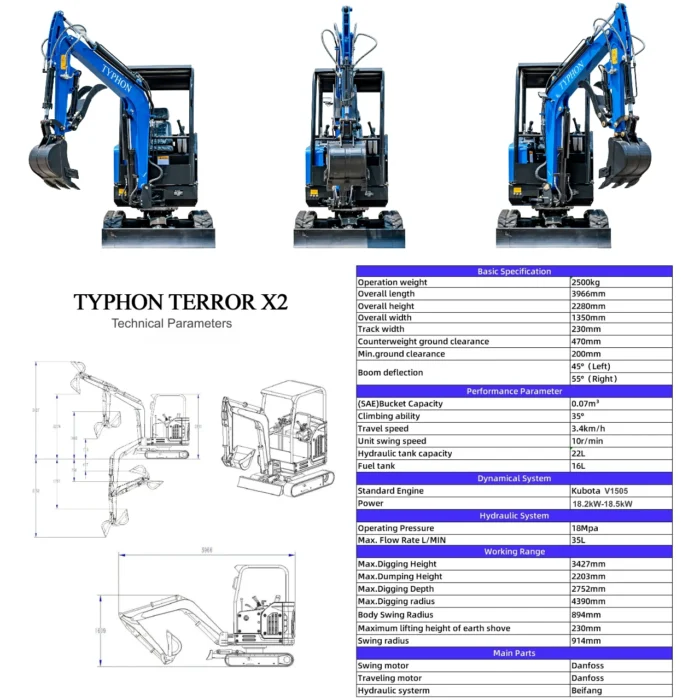 TYPHON TERROR X2 STORM Mini Excavator 2.5 Ton Diesel Kubota V1505 Engine USA – product detail image 1
