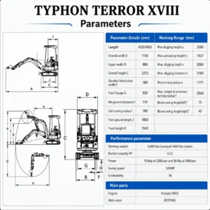 TYPHON TERROR XVIII Prestige 2 Ton Mini Excavator KUBOTA Diesel Engine USA – product detail image 1