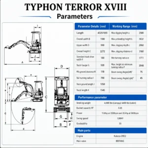 TYPHON TERROR XVIII Prestige 2 Ton Mini Excavator, KUBOTA Diesel Engine USA – product detail image 1