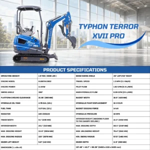 New TYPHON TERROR XVII PRO 3800 lb Mini Excavator – Kubota Diesel, Premium Hydraulics, 14kN Dig… – product detail image 1