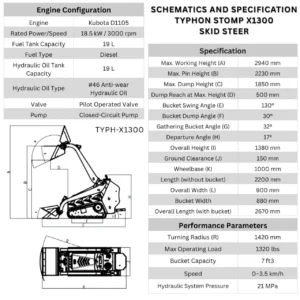 3040lbs TYPHON STOMP X1300 25HP Kubota D1105 EPA Diesel Mini Skid Steer Loader – product detail image 1