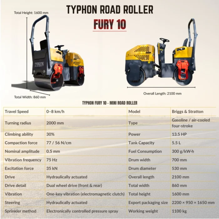 2-93.webp TYPHON Fury 10 Mini Road Roller 1Ton Hydraulic oil B&S 13.5hp gas USA air-cooled – product detail image 1